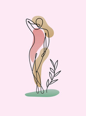 line woman body with feet over pink background