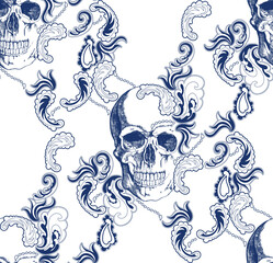 Vintage blue skull with flowers seamless pattern	