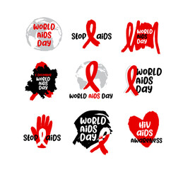 World Aids Day 1 December International day for global health. Vector label AIDS and Hiv illustration. Red ribbon icon set. 