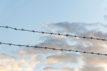 Barbed wire against the sunset sky.
