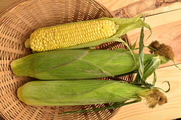 Ripe corn cobs, close-up, in straw dishes.