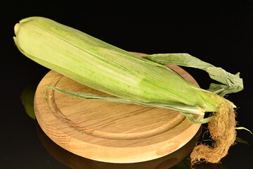 Ripe ears of corn, close-up, on a black background.