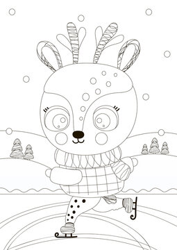 Coloring page with outline cute black and white deer rolling on ice on a skating rink in the forest. For children. Fawn character. Vector.