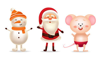 Happy Santa Claus,snowman and cute mouse, merry christmas and happy new year, red background with snowflakes, realistic santa character, winter banner, holiday background vector