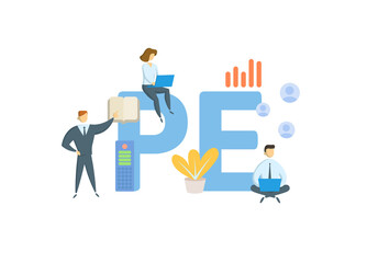 PE, Private Equity. Concept with keywords, people and icons. Flat vector illustration. Isolated on white background.