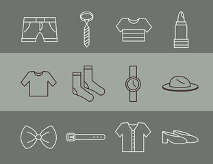 clothes and accessories icons set belt skirt necktie and shirt line icon