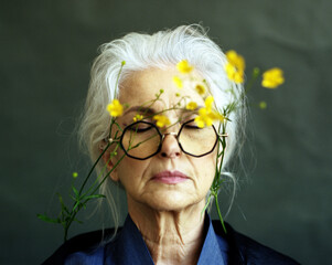 Senior aged woman with buttercups