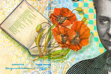 Selective focus on detail of lei banknotes. Close up macro detail of romanian lei banknotes, 200 lei isolated. World money concept, inflation and economy concept