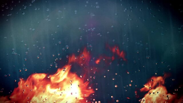 A motion background with vivid flames engulfing the ground while a heavy downpour of rain from a dark sky attempts to tame the fire.