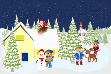 Obraz na płótnie Canvas Santa Claus descends the chimney. He keeps a bag of gifts.