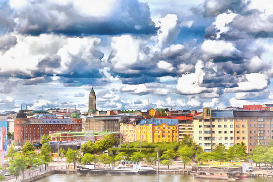 Cityscape colorful painting Baltic sea Helsinki Finland.
