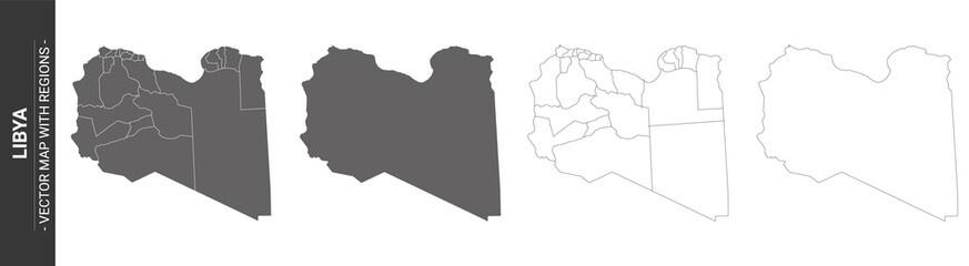 set of 4 political maps of Libya with regions isolated on white background