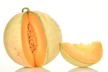  fragrant organic melons, close-up, on a white background.