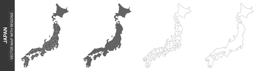 set of 4 political maps of Japan with regions isolated on white background
