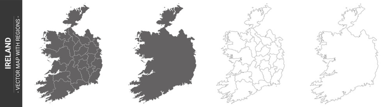 set of 4 political maps of Ireland with regions isolated on white background