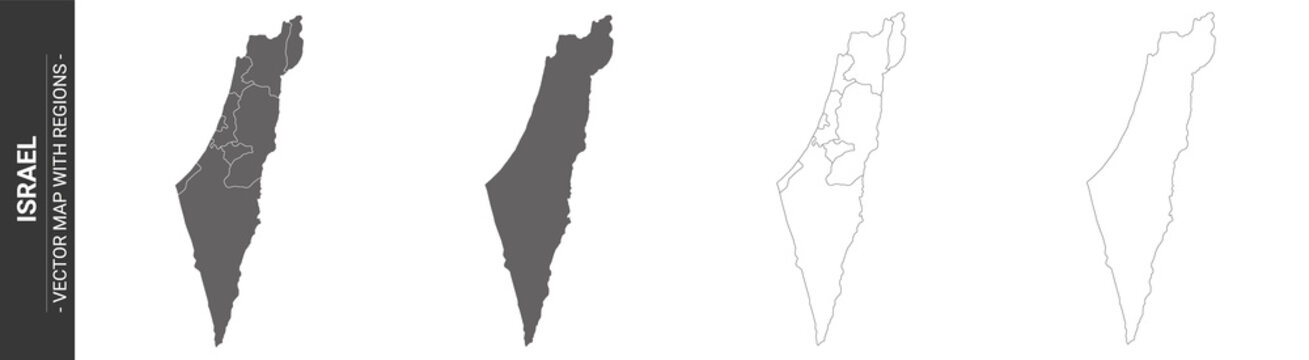 set of 4 political maps of Israel with regions isolated on white background