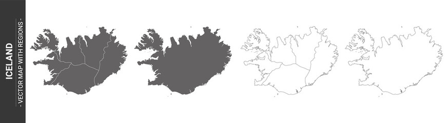 set of 4 political maps of Iceland with regions isolated on white background - obrazy, fototapety, plakaty