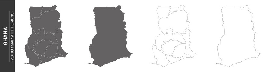 set of 4 political maps of Ghana with regions isolated on white background
