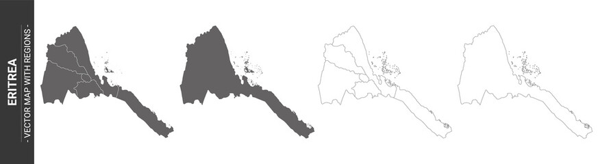 set of 4 political maps of Eritrea with regions isolated on white background