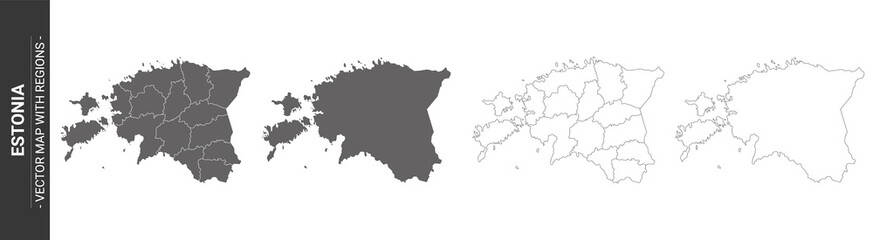 set of 4 political maps of Estonia with regions isolated on white background