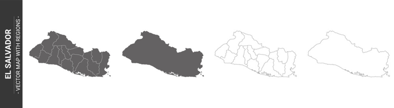 set of 4 political maps of El Salvador with regions isolated on white background