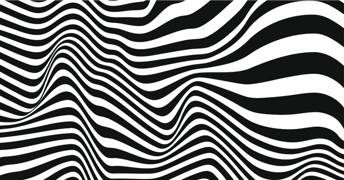 Black-and-white background of abstract bending lines. Can be used in web design, printing, as a print on clothes and background © Katsiaryna
