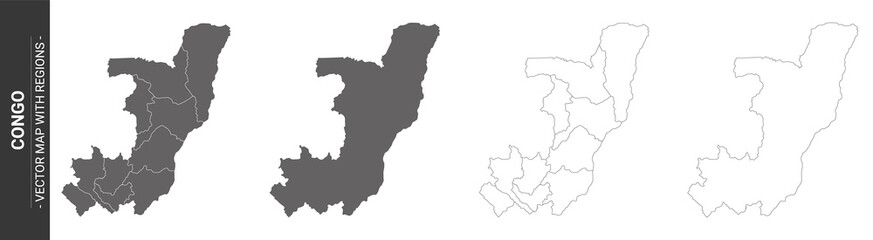 set of 4 political maps of Congo with regions isolated on white background
