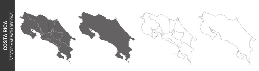 set of 4 political maps of Costa Rica with regions isolated on white background