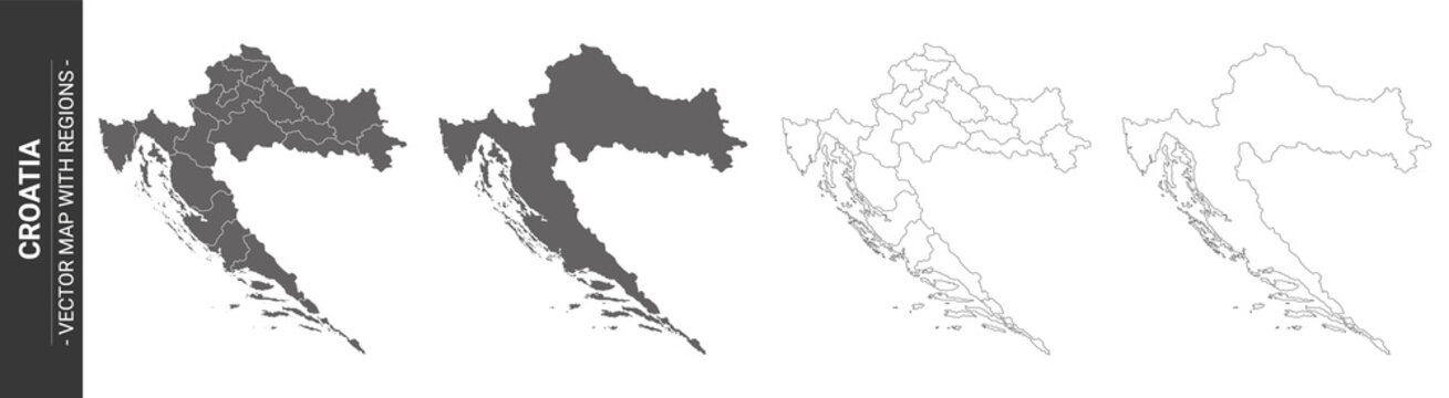 set of 4 political maps of Croatia with regions isolated on white background