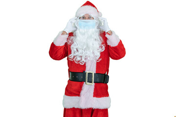 Santa wears covid medical mask. Santa Claus with respirator on white background. Safety Christmas