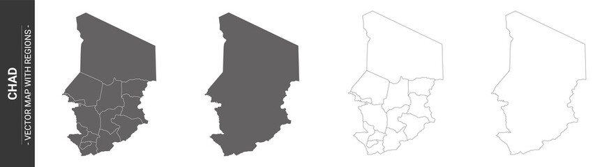 set of 4 political maps of Chad with regions isolated on white background