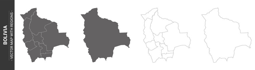 set of 4 political maps of Bolivia with regions isolated on white background