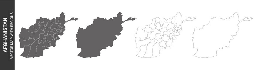 set of 4 political maps of Afghanistan with regions isolated on white background