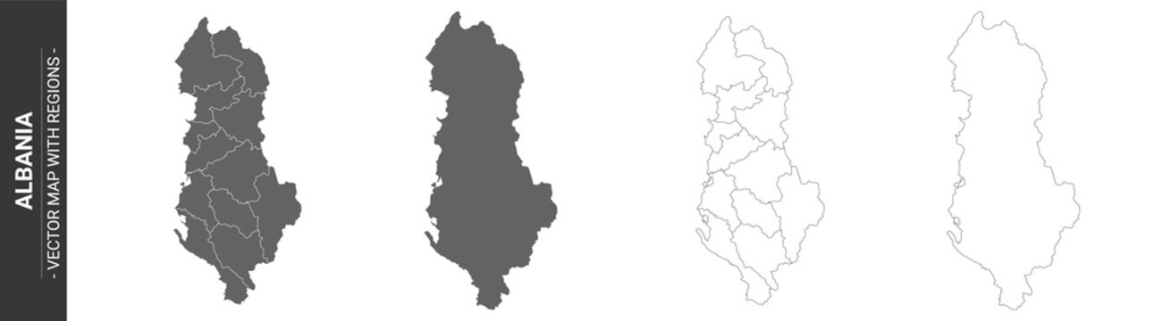 set of 4 political maps of Albania with regions isolated on white background