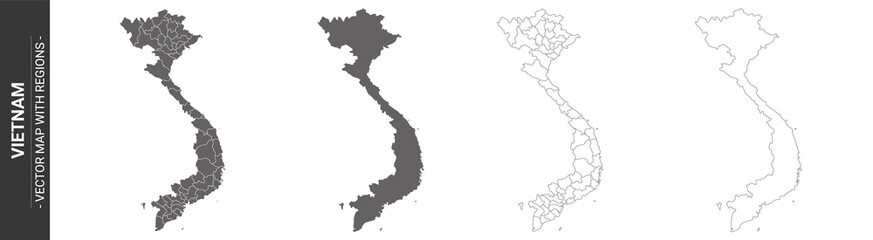set of 4 political maps of Vietnam with regions isolated on white background