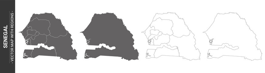set of 4 political maps of Senegal with regions isolated on white background