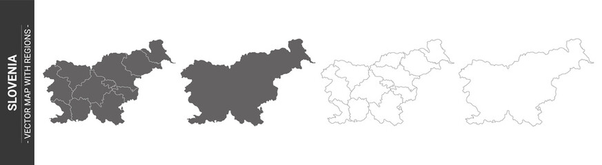 set of 4 political maps of Slovenia with regions isolated on white background