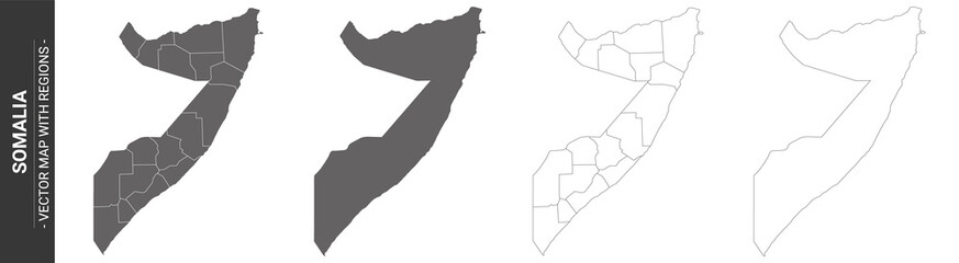 set of 4 political maps of Somalia with regions isolated on white background
