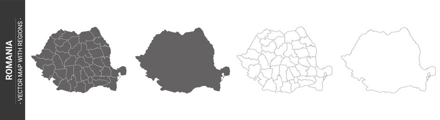 set of 4 political maps of Romania with regions isolated on white background
