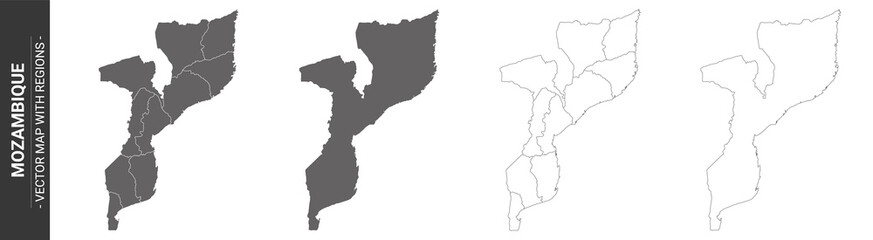 set of 4 political maps of Mozambique with regions isolated on white background