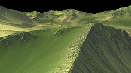 3D illustration of green mountain landscape relief.
