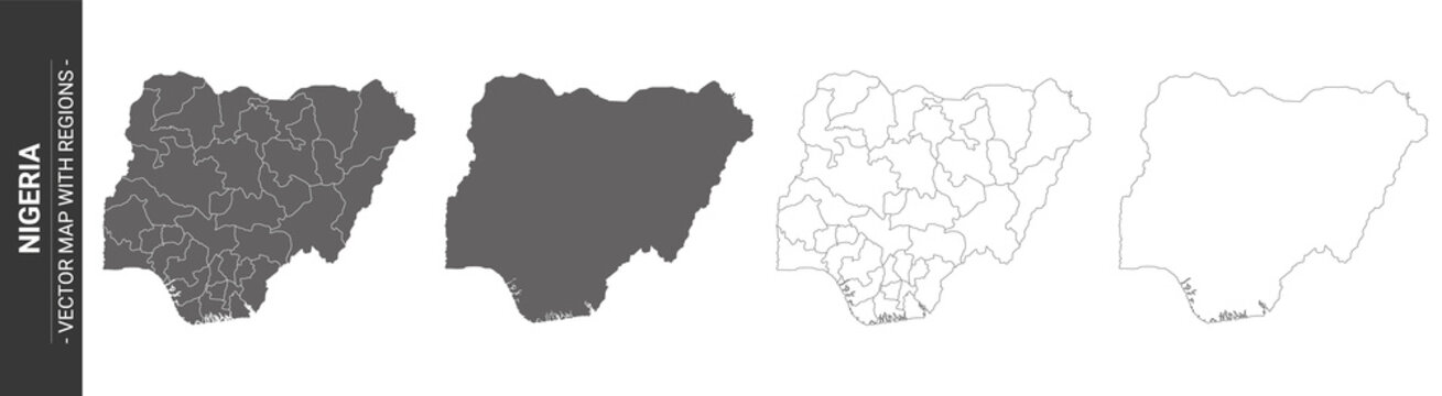 set of 4 political maps of Nigeria with regions isolated on white background