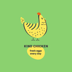 Kind Chicken logo concept. Cute cartoon laying hen. Logo template for poultry farm. For restaurant or cafe menu, packaging, butcher shops and chicken farm. Fresh eggs every day slogan.