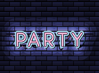 party lettering in neon font of pink and blue color on dark blue background