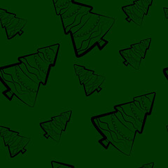 Vector seamless drawing of a Christmas tree in the style of doodles on a green background.