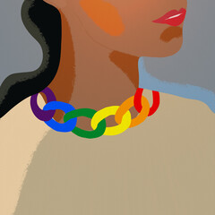 Ilustracja graficzna sylwetka młodej kobiety w naszyjniku w kolorze tęczy - obrazy, fototapety, plakaty