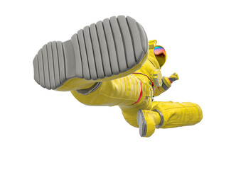astronaut is doing a fly kick in karate pose