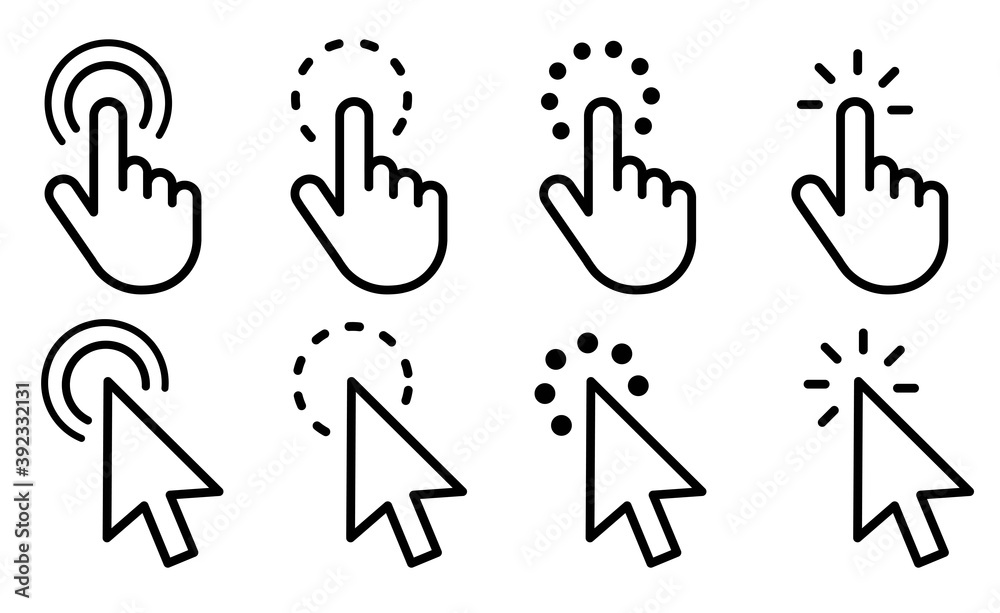 Poster Hand clicking icon collection.Pointer click icon. Hand icon design.Set of Hand Cursor icons click and Cursor icons click. Click cursor icon.
