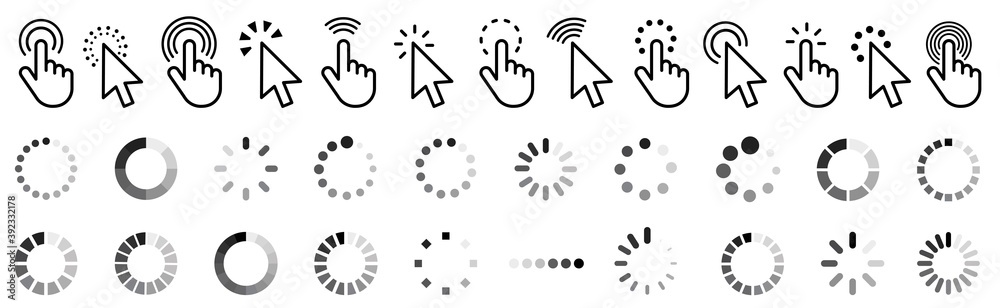 Poster Computer mouse click cursor gray arrow icons set. Clicking cursor, pointing hand clicks and waiting loading icons.Hand icon design. Pointer click icon. loading icon.Vector illustration.