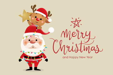 Merry Christmas and happy new year 2021 greeting card with cute Santa Claus, deer and snowman. Holiday cartoon character in winter season. -Vector.